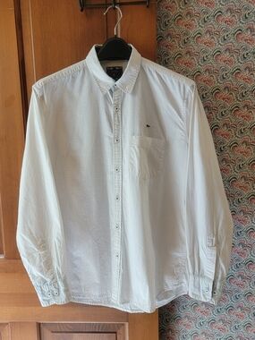 Blue Frog Men's Large White Button Down Shirt Slim Fit Cotton Contrast Trim FLAW